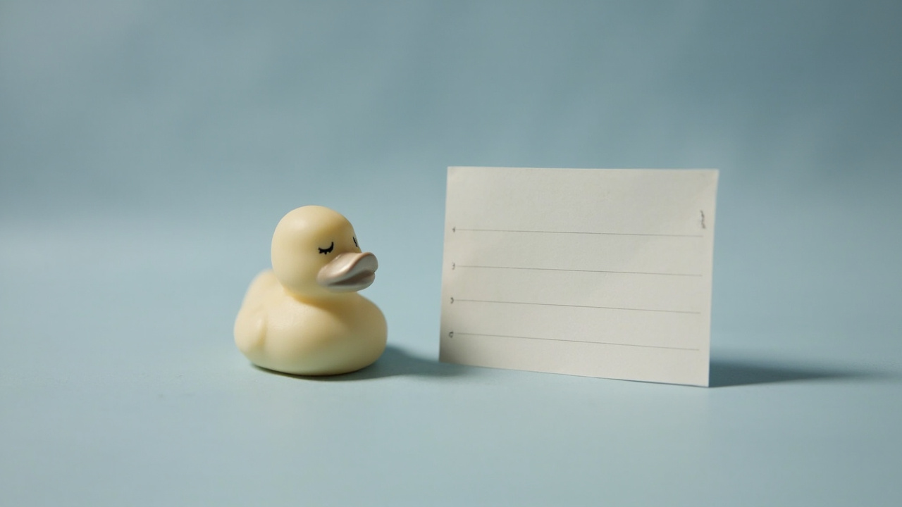 A small specimen rubber duck on a muted blue-grey studio backdrop, three-quarter pose