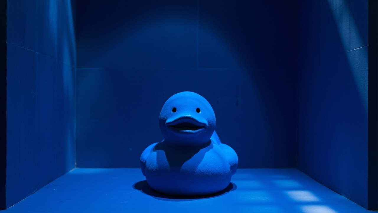 A Quacktory duck in a dark vignette