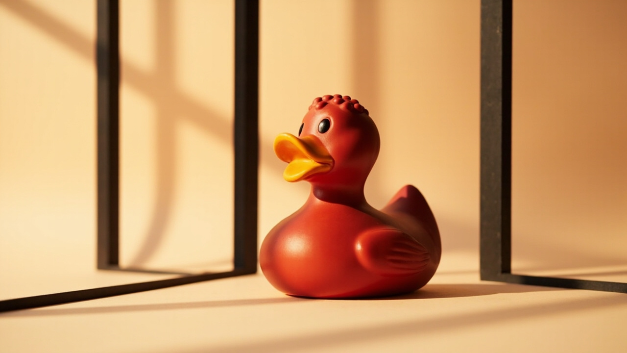 Quacktory Designer duck, 30 cm, displayed on a studio plinth. Single warm accent highlight from the upper left.