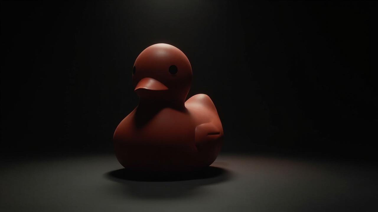 A Quacktory rubber duck photographed in cinematic dusk light on a concrete plinth