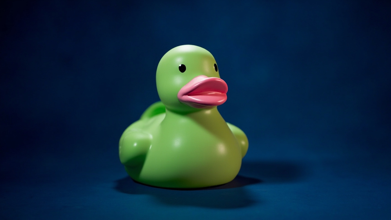 A Quacktory duck, cinematic portrait in dark blue