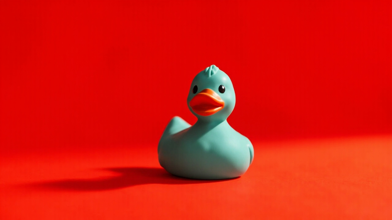 A Quacktory duck on a red background