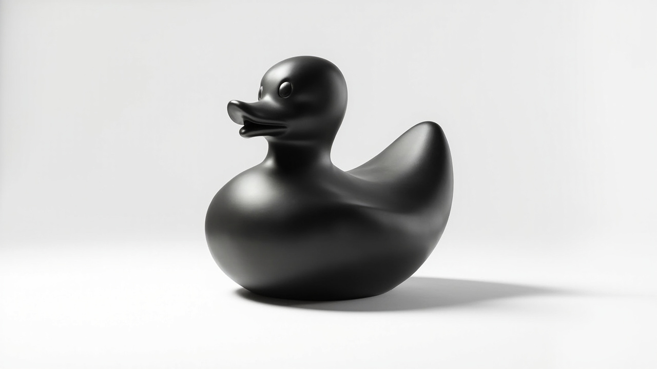 A Quacktory rubber duck posed on a concrete shelf, lit from the side.