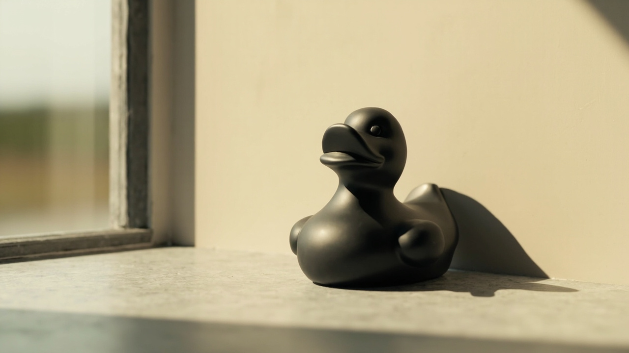 A Quacktory duck staged on a pale architectural surface, side-lit from the morning window.