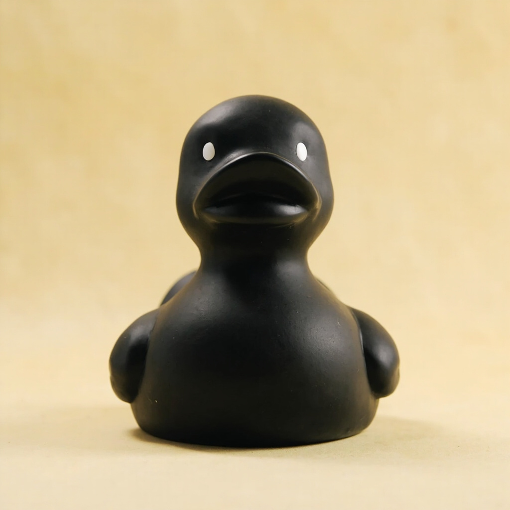 Mega duck, 90 cm, on a plinth in a gallery.