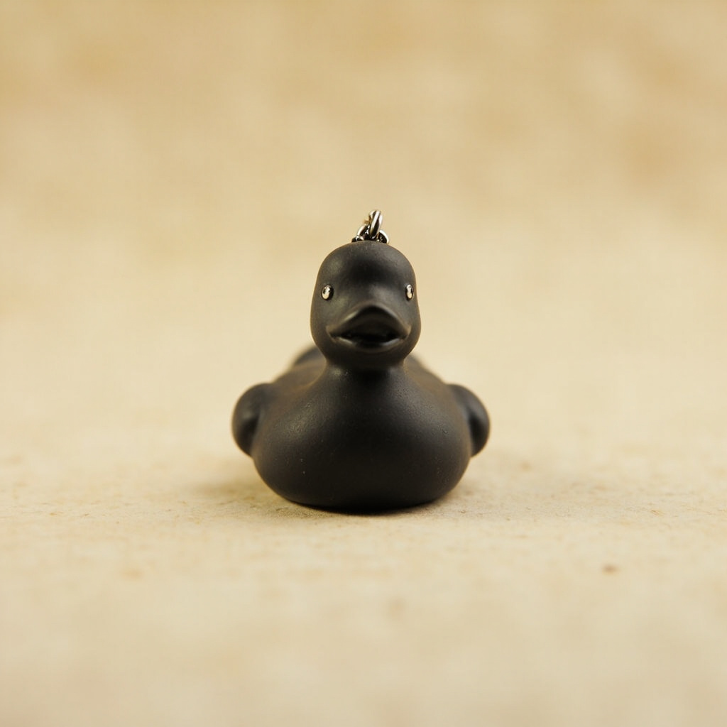 Micro duck, 4 cm, balanced on a fingertip.