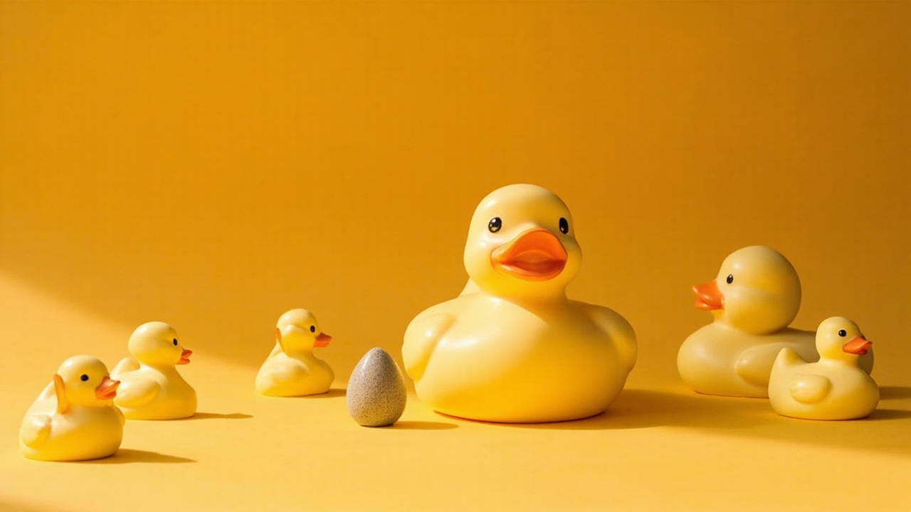 Five Quacktory ducks arranged as a museum still life