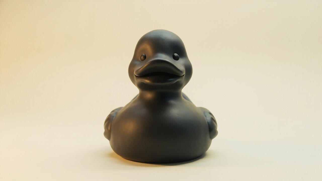 A Quacktory rubber duck photographed on a concrete shelf, at eye level.