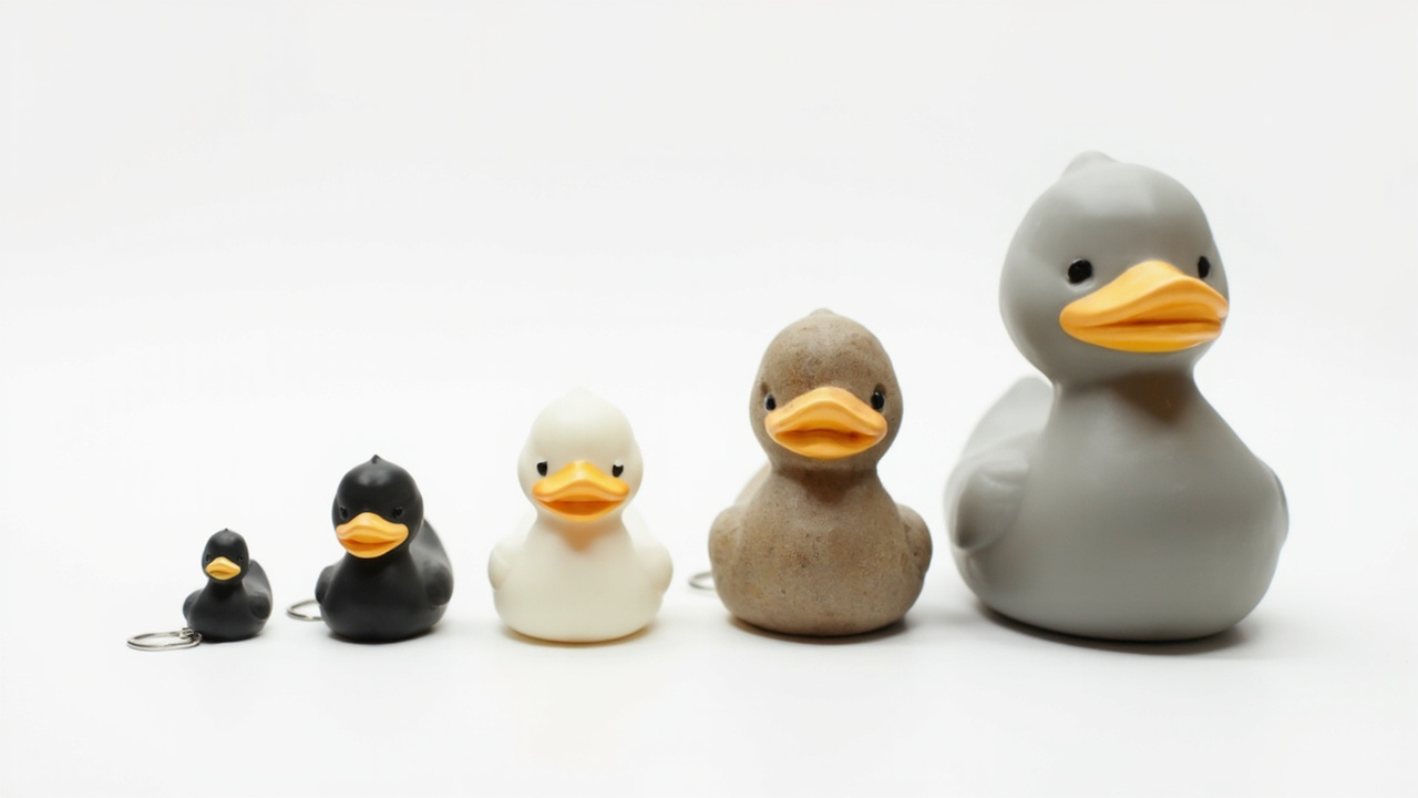 The Quacktory size ladder: five rubber ducks in identical silhouette arranged in ascending scale.
