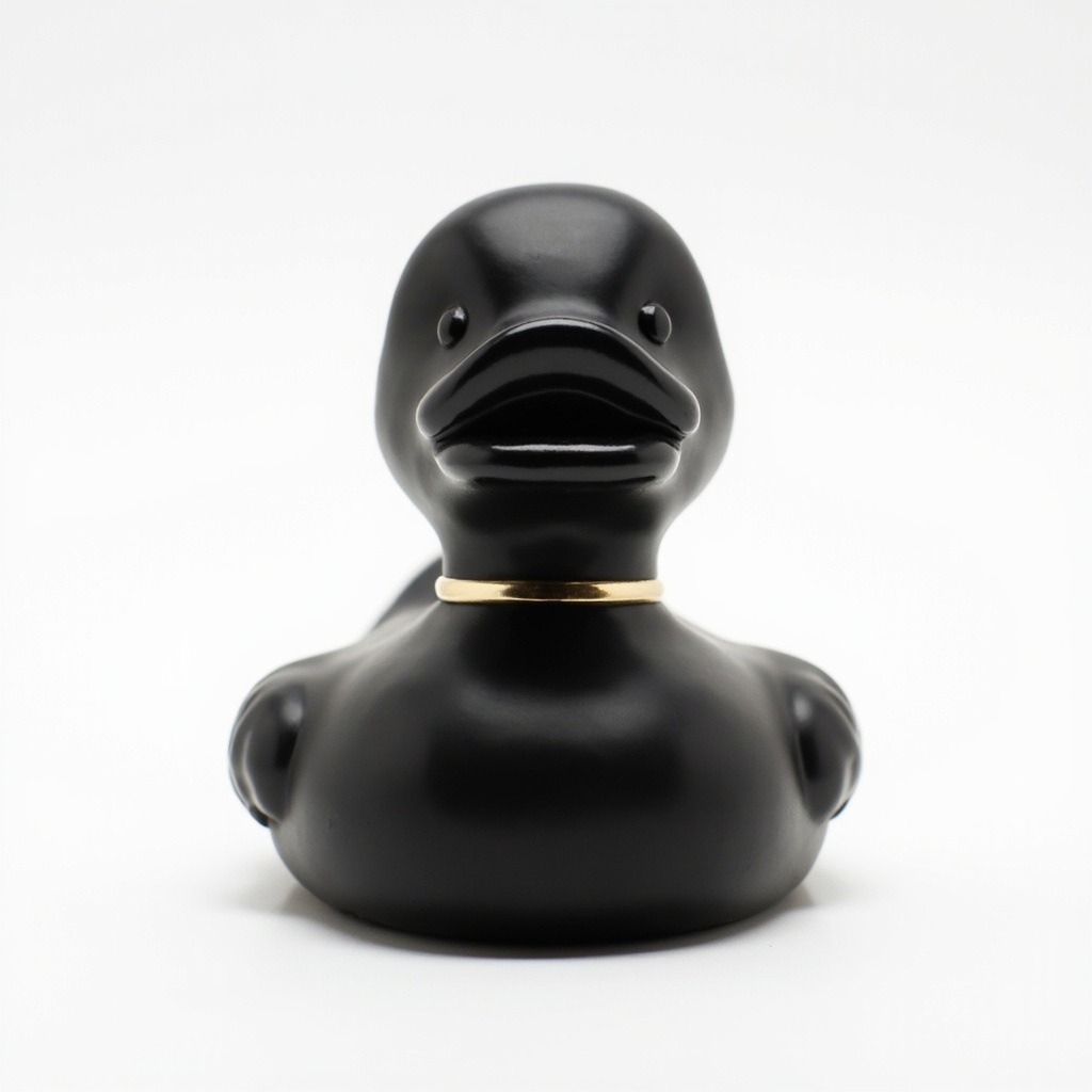Designer rubber duck, 20 cm, glossy graphite with brass accent.