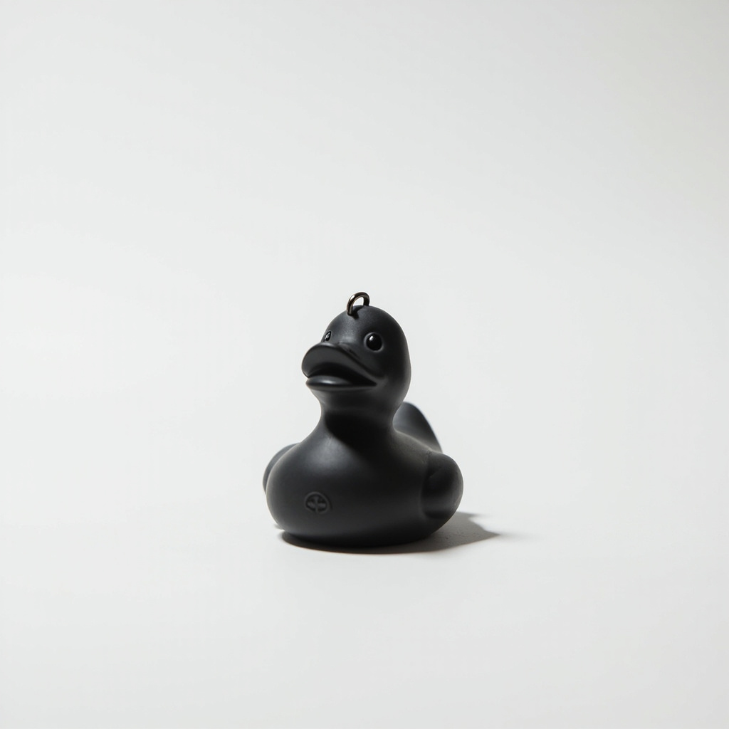 Micro rubber duck, 4 cm, matte charcoal finish.