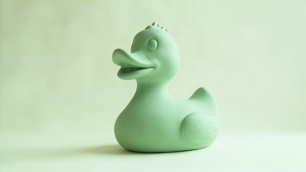 A Quacktory duck on a concrete shelf, photographed at eye level