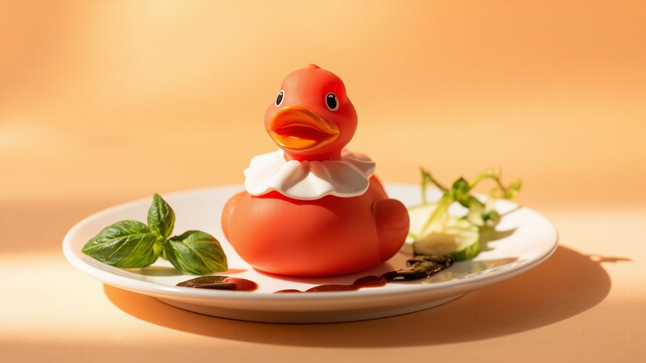Lifestyle scene of a tomato-red rubber duck on a ceramic plate with basil and cucumber