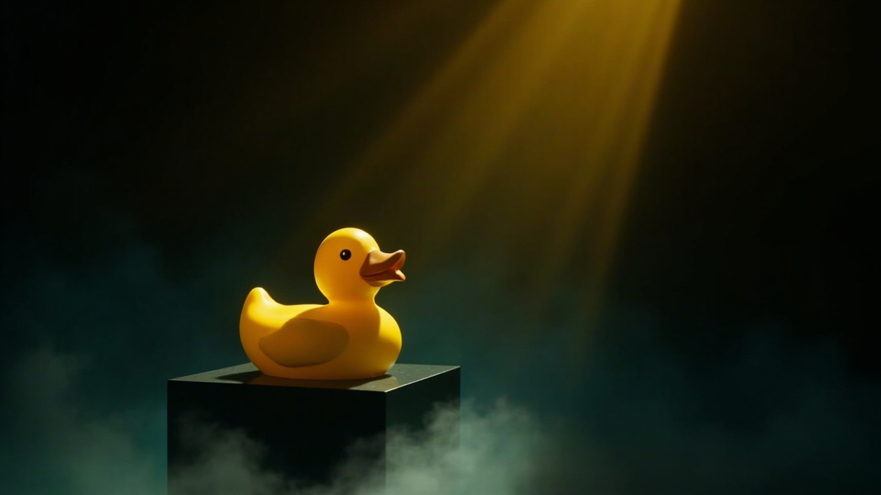 A single rubber duck staged as a luxury object under warm amber spotlight on a near-black backdrop.