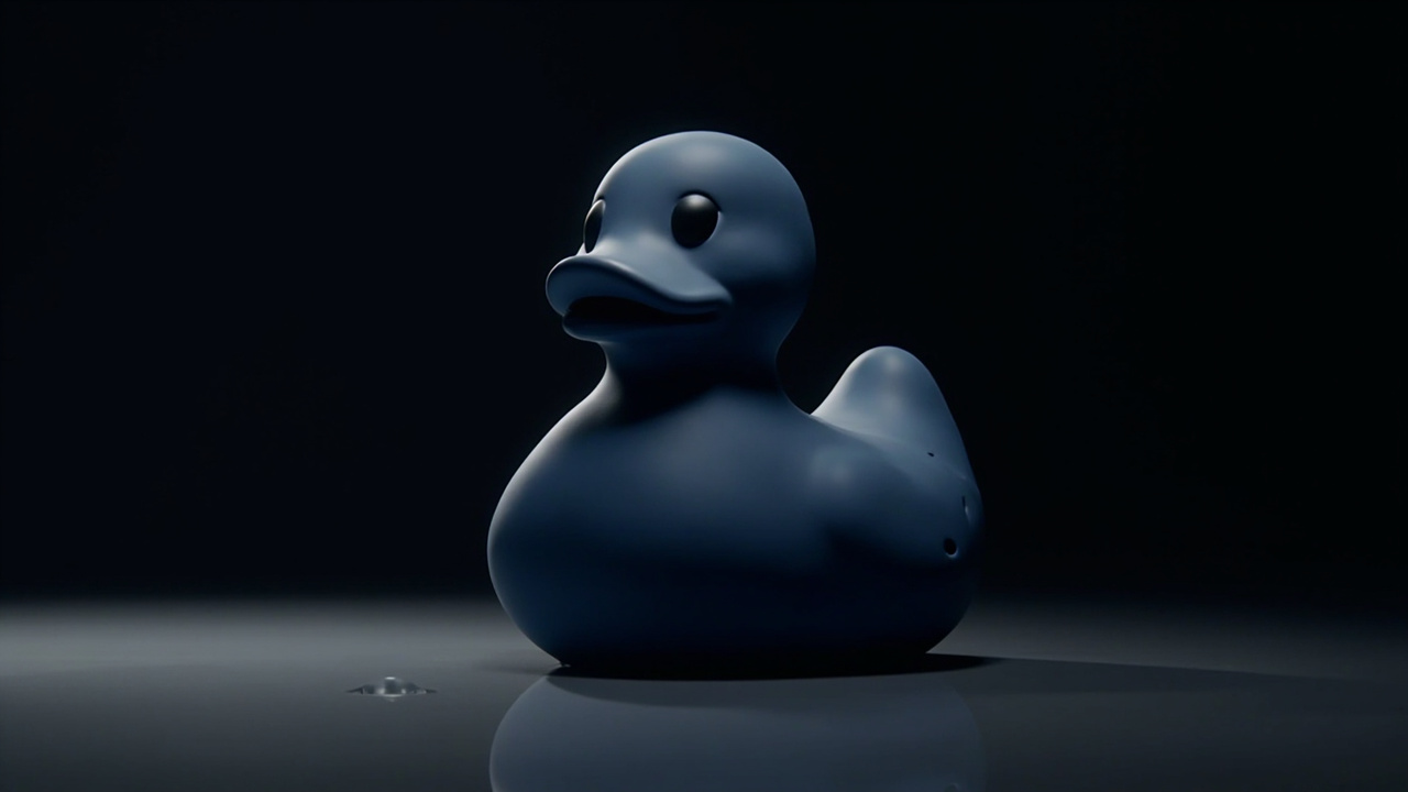 A Quacktory duck in a dark vignette, like a butterfly in a collection