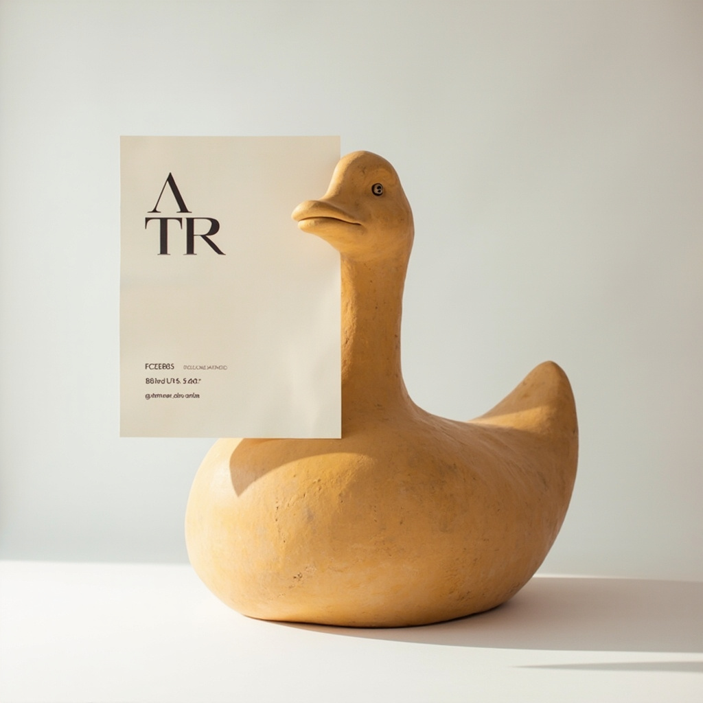 Quacktory Architect duck, 1.5–3 m, warm amber matte porcelain, on a pure white seamless backdrop