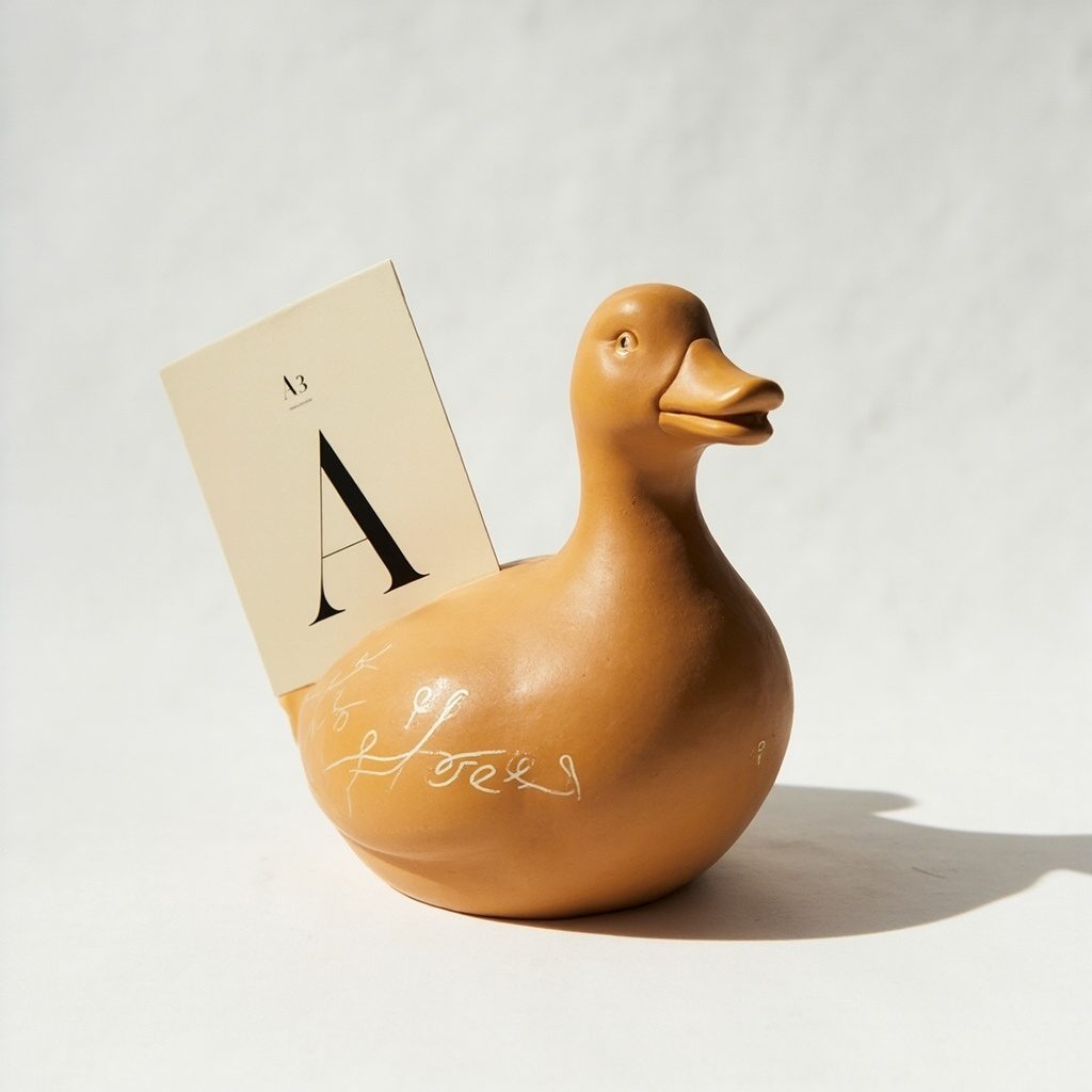Quacktory Designer duck, 15–30 cm, warm amber matte porcelain with a hand-painted ivory monogram, on a pure white seamless backdrop