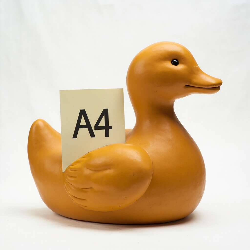 Quacktory Mega duck, 50–120 cm, warm amber matte porcelain, on a pure white seamless backdrop