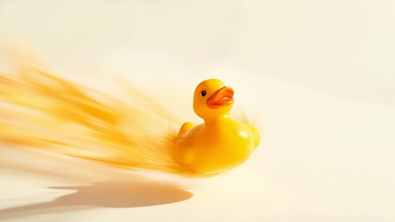 A studio motion shot of a warm amber rubber duck with amber and orange light streaks