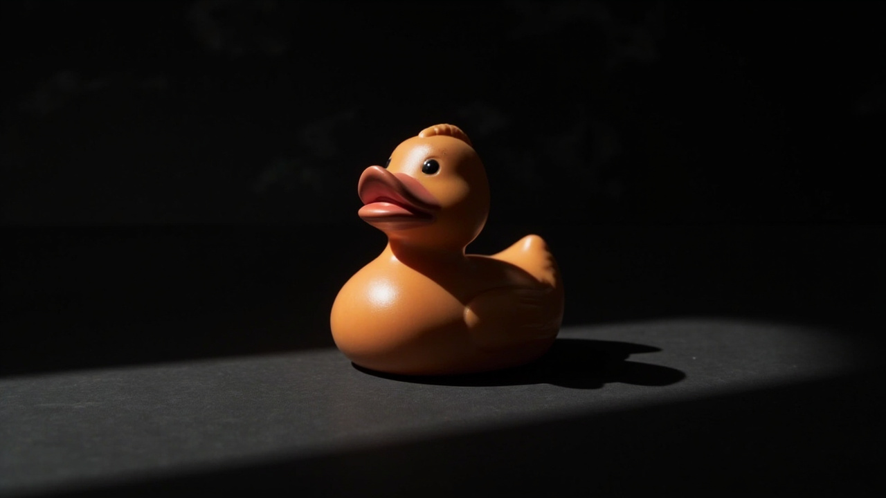 Macro shot of a Quacktory duck: copper on muted teal