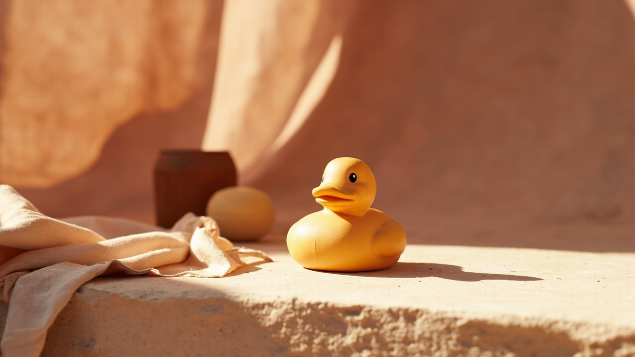 A small yellow rubber duck, oversized by careful framing, sits on a marble shelf