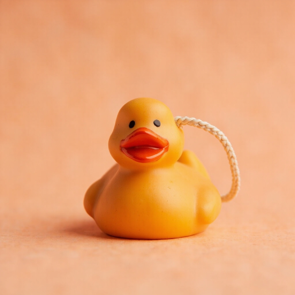 A 4 cm duck in mustard on a marble shelf
