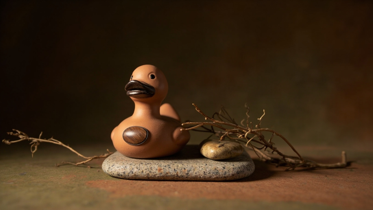 Tactile still life: a terracotta rubber duck specimen on a river stone, with twigs and a pebble