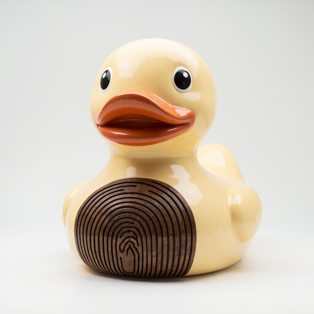 Architect 1.5m rubber duck sculpture in ivory cream ceramic with fingerprint-arch emblem