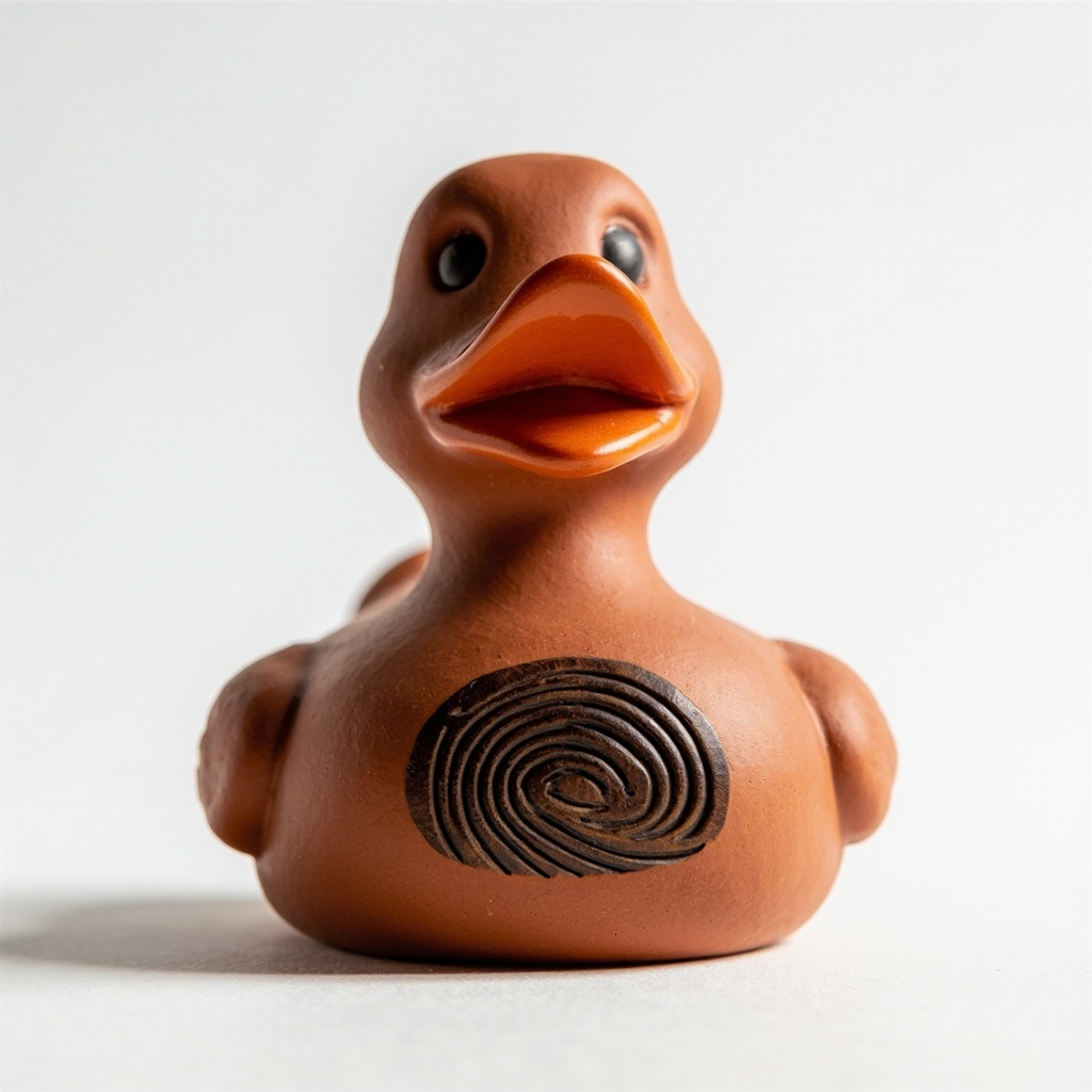 Designer 20cm rubber duck limited edition in rust sienna clay with fingerprint-arch emblem