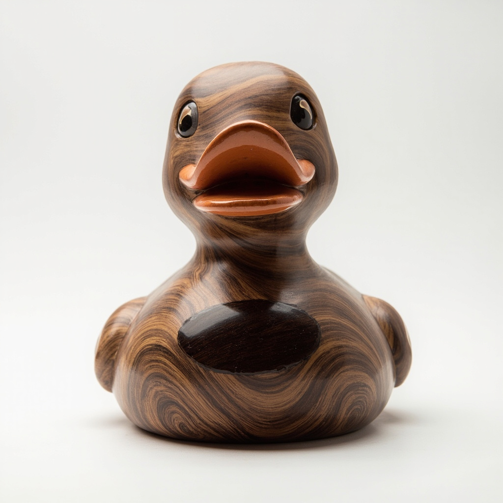 Mega 50cm rubber duck specimen in deep walnut wood-grain ceramic finish
