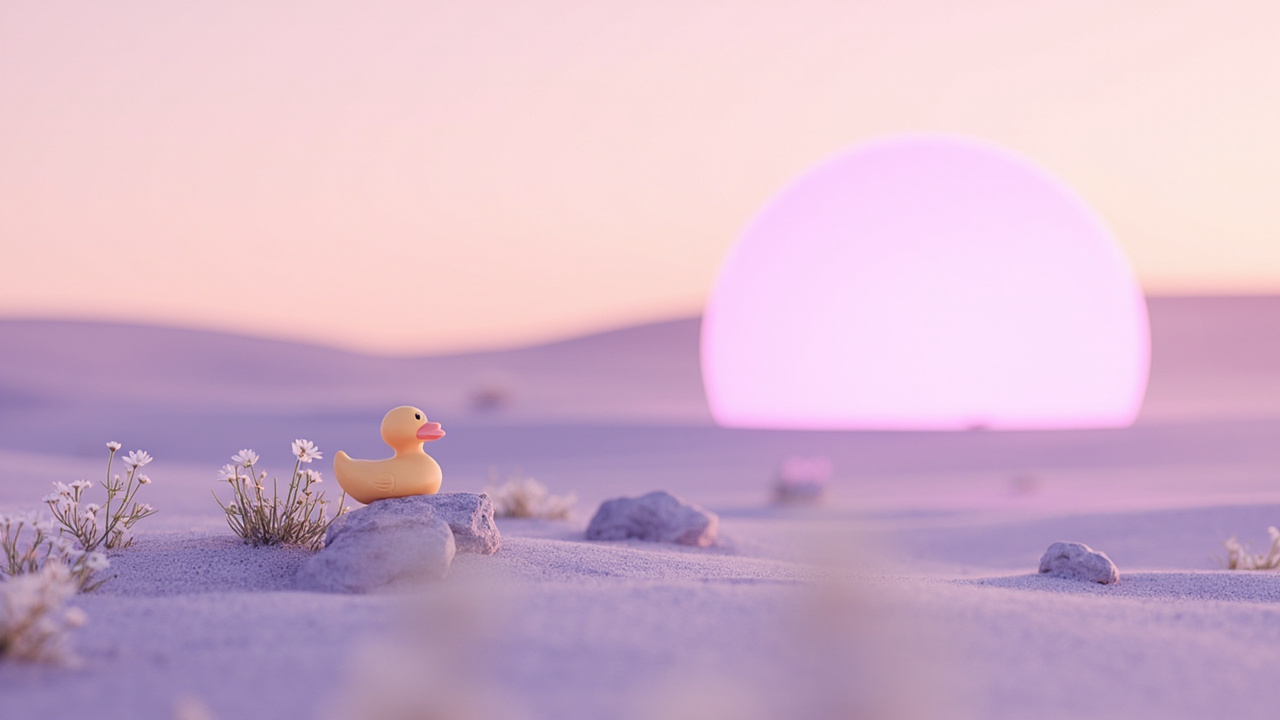 Sunset desert with a duck silhouette on a rock