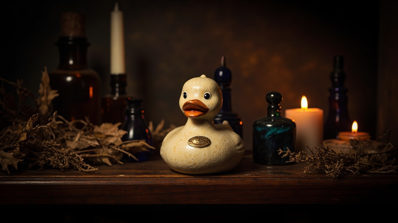 A heritage rubber duck standing on a dark walnut apothecary shelf among glass bottles and dried botanicals, lit by candlelight