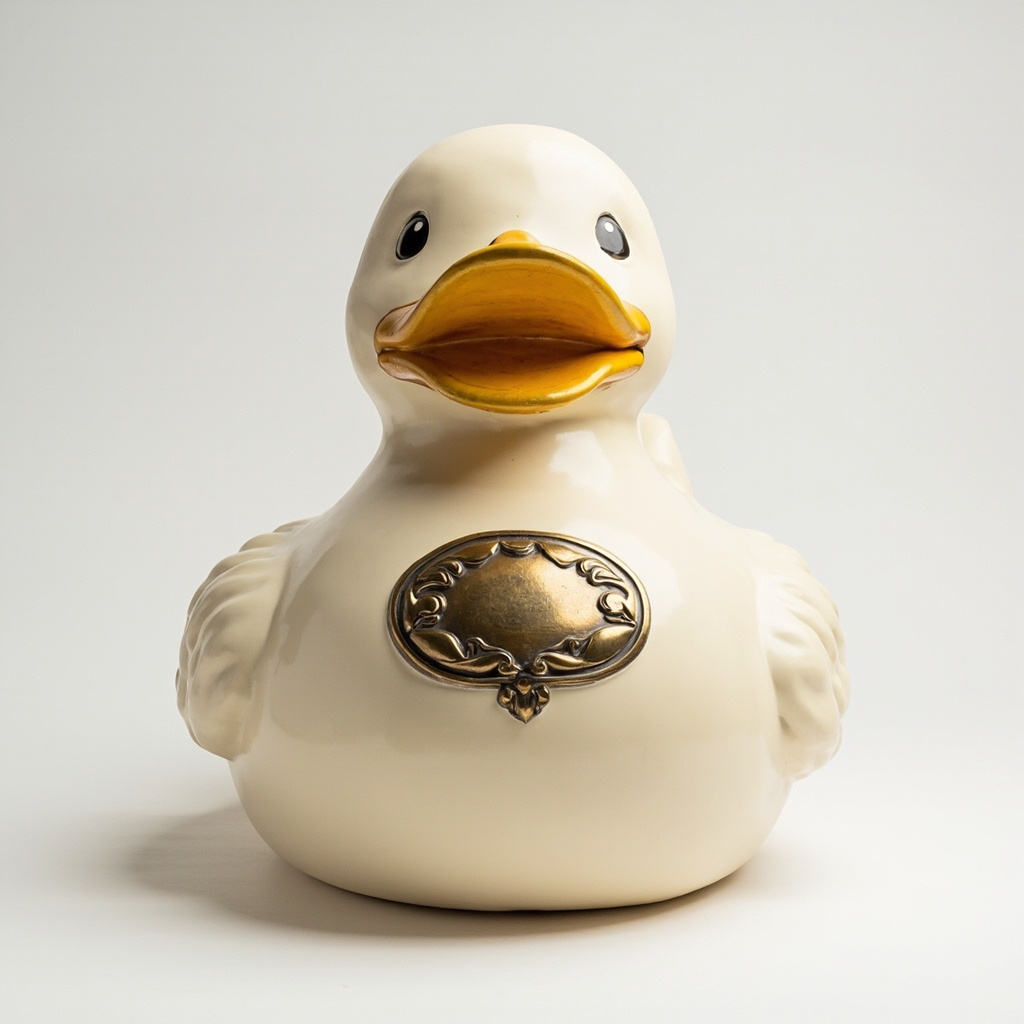 Quacktory Architect, 1.5 m monumental duck in aged ivory with giant brass cartouche