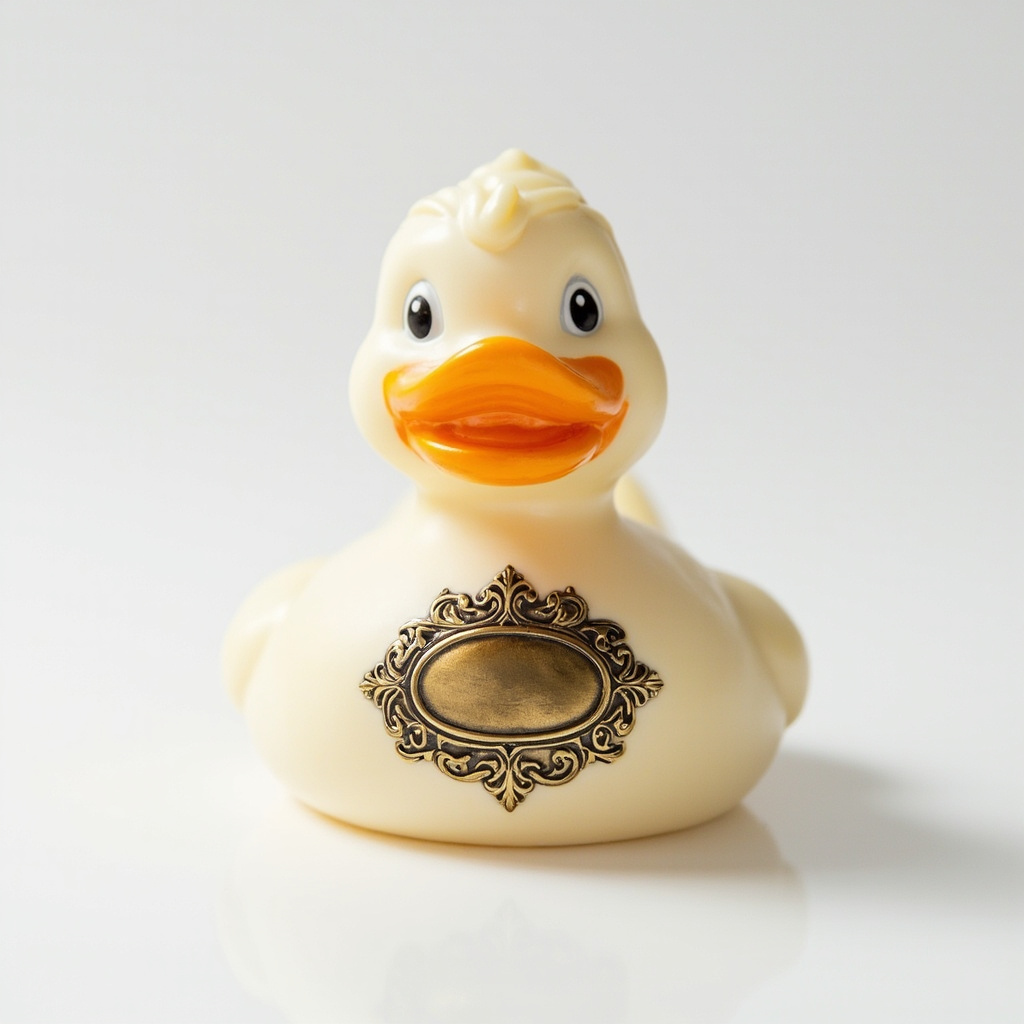 Quacktory Designer, 20 cm duck with engraved brass cartouche and classical scrollwork