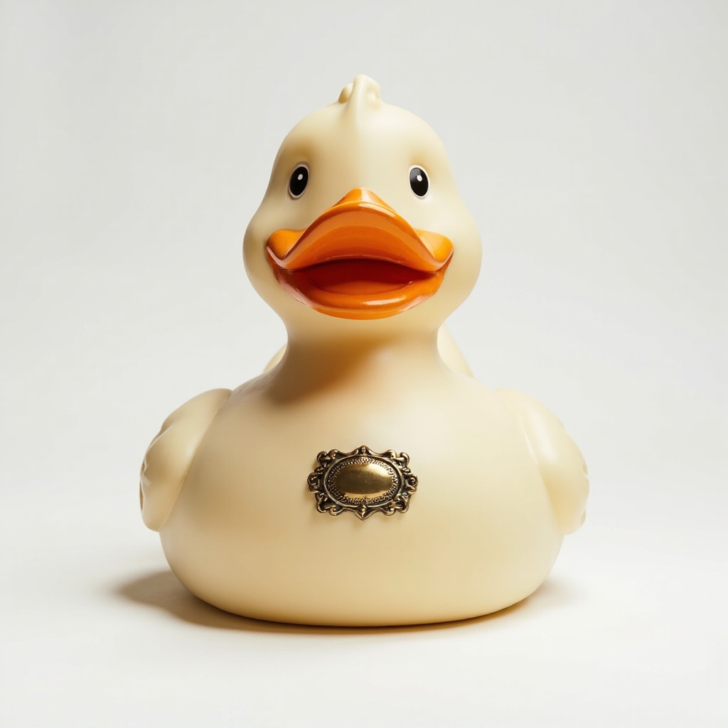 Quacktory Mega, 50 cm duck in aged ivory with prominent brass cartouche