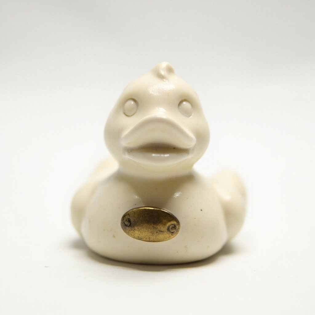 Quacktory Micro, 4 cm keychain duck in aged ivory with brass cartouche