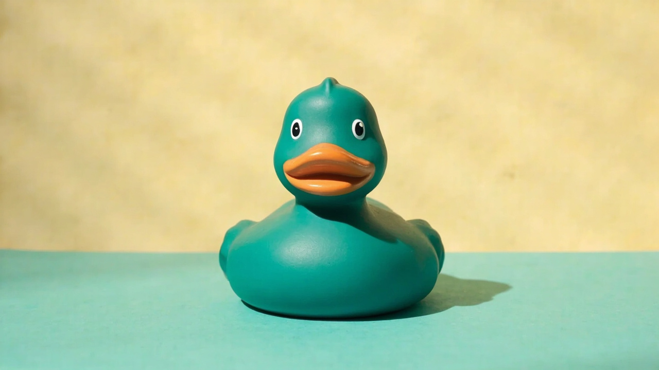 Editorial photograph of the Quacktory Mega duck on a deep teal field.