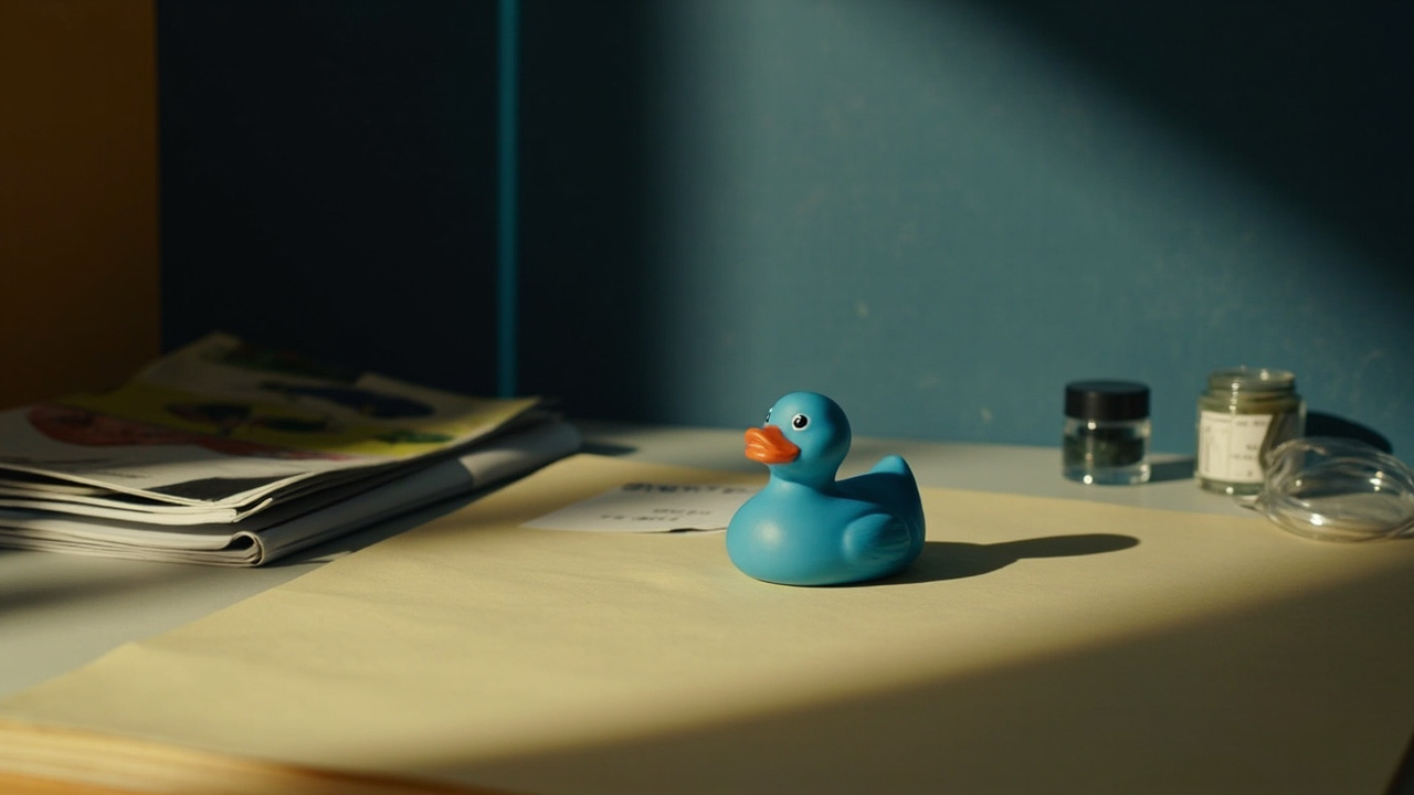 A Quacktory rubber duck in a warm, late-night frame